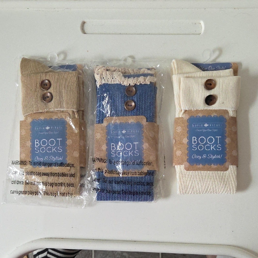 Sofia Vitali Cozy and Stylish Boot Socks - Tan, Blue, Cream Set of 3 NWT